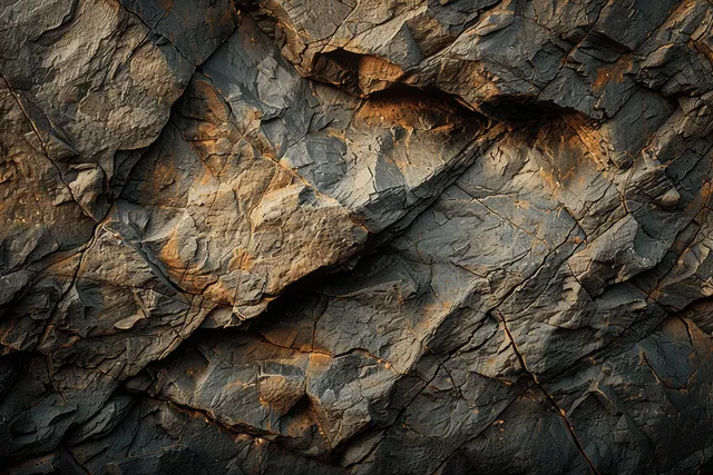 Close-up of a cracked dark granite rock face with warm golden hour highlights across jagged fracture lines.