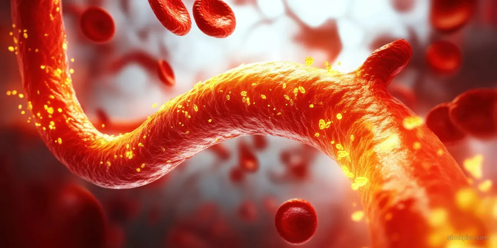 Red blood cells flow through a glowing artery segment partially blocked by yellow plaque under dramatic lighting.