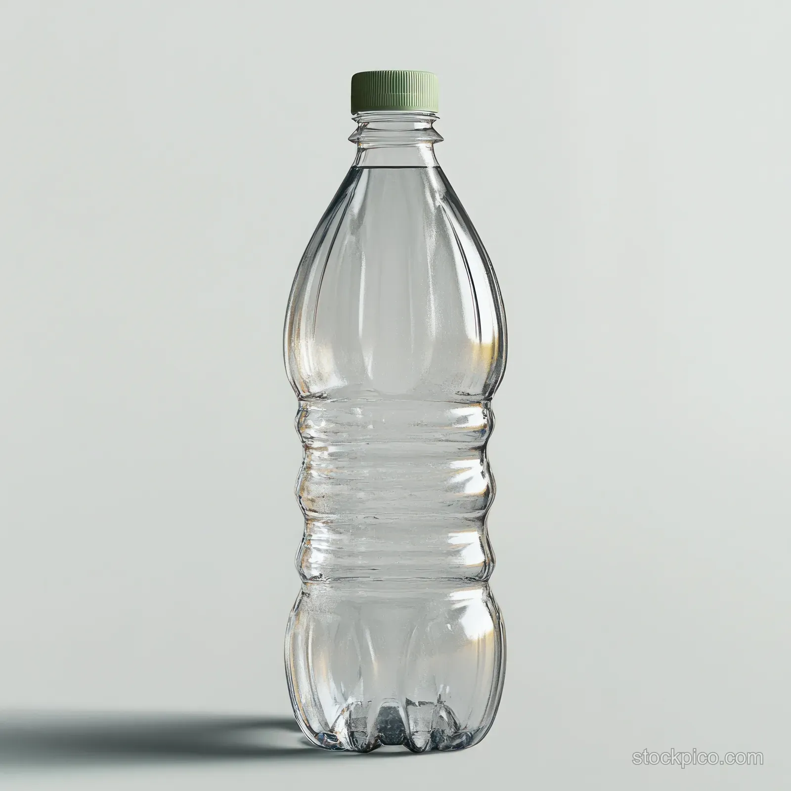 A clear plastic water bottle with a green cap stands on a white background.