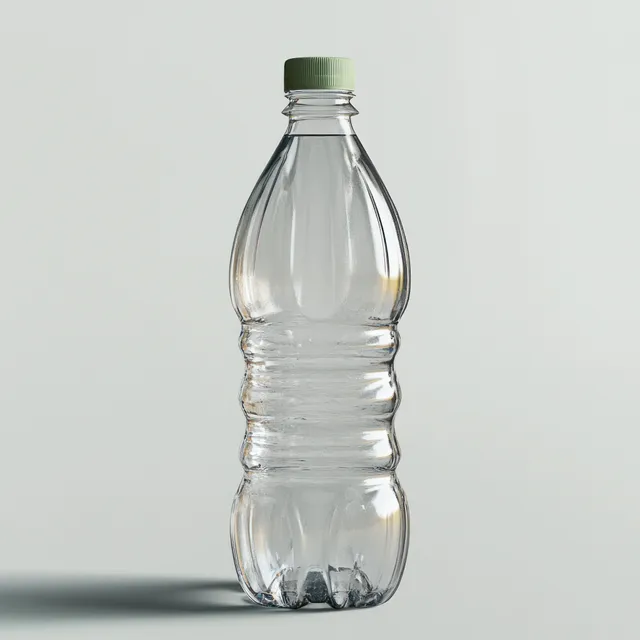 A clear plastic water bottle with a green cap stands on a white background.