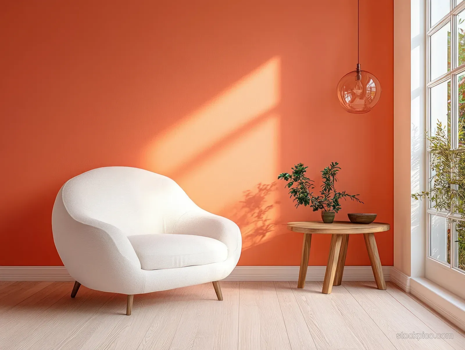 White armchair in a peach-walled room near a window with sunlight shadows and a small wooden side table.