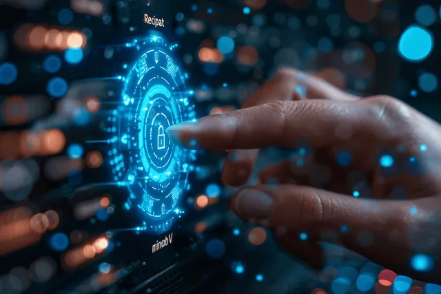 A hand types credentials on a laptop as a glowing holographic security lock verifies access.
