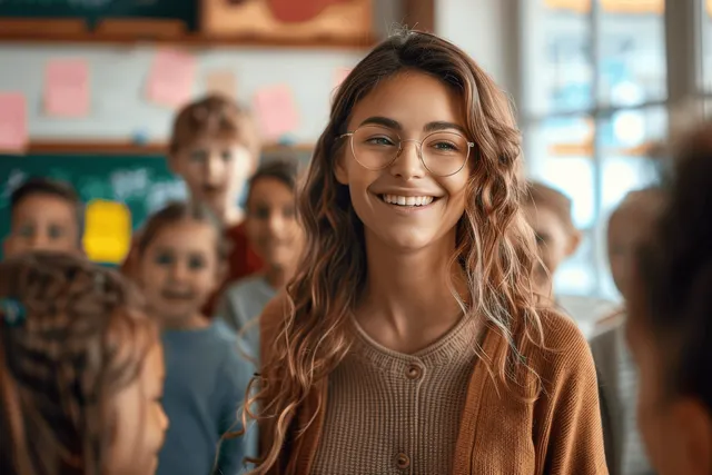 A young female teacher smiles toward students in a bright classroom with colorful learning materials on the walls.