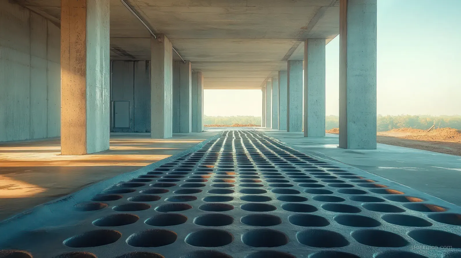 Unfinished concrete interior with circular floor holes, large pillars, and soft daylight entering through openings.