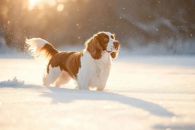 Brown-and-white dog stands alert in a snowy field as golden sunset light glows around falling snowflakes.