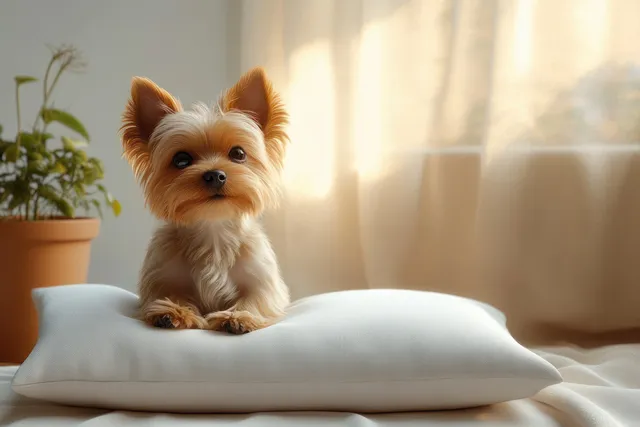 Small fluffy dog sits on a white pillow beside a potted plant in warm window light.