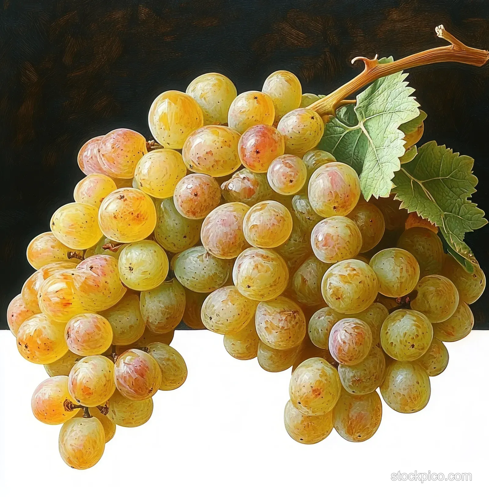 Ripe yellow and light pink grapes with a green leaf and brown stem clustered against a dark background.