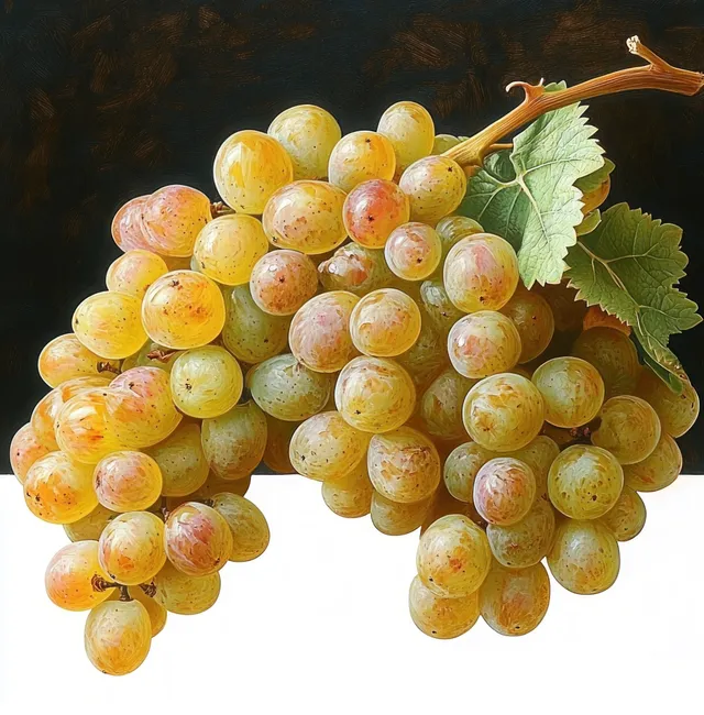 Ripe yellow and light pink grapes with a green leaf and brown stem clustered against a dark background.