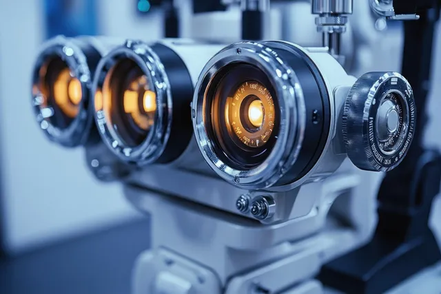 Close-up of an optometry phoropter showing illuminated lens openings and adjustment knobs in an eye exam room.