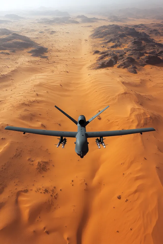 A military reconnaissance drone hovers over arid desert dunes, its underside camera visible beneath the wings.