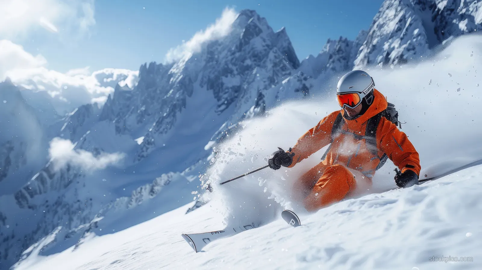 Orange-suited skier carving down a snowy mountain slope with powder spray and distant high peaks in sunshine.