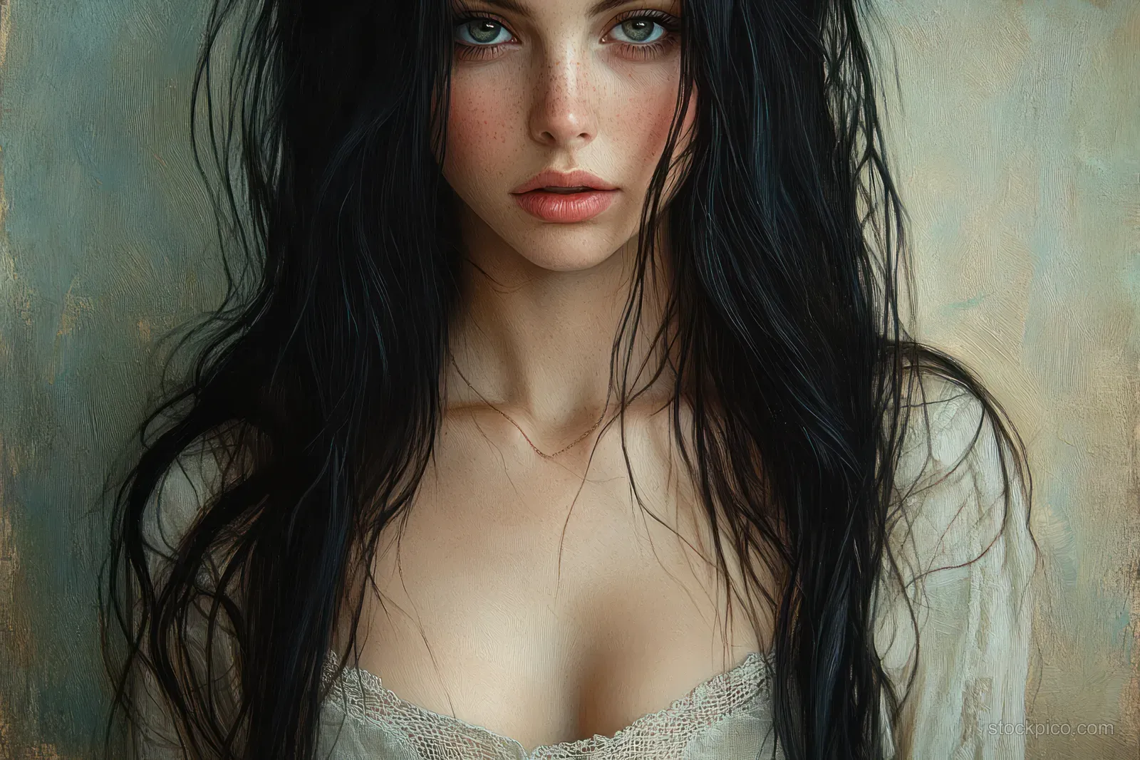 Close-up portrait of an Indian woman with long dark hair wearing a light lace top in soft natural light indoors.