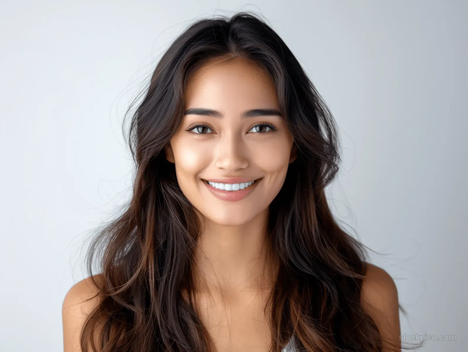 Close-up portrait of a young Indian woman smiling with visible clean teeth against a white studio background.