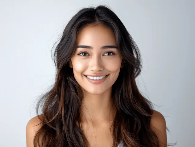 Close-up portrait of smiling young Indian woman showing clean teeth on white background
