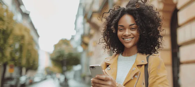 Smiling woman with curly hair checks her smartphone outdoors in a city street