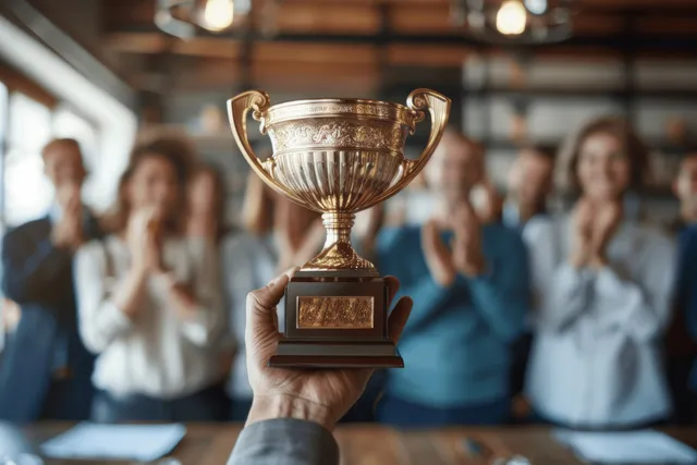 Gold trophy held up in front of clapping employees in a blurred office meeting room.