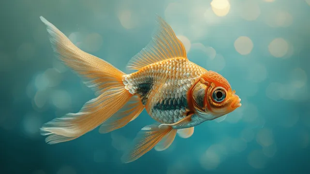 Ultra-realistic goldfish swimming against turquoise studio background with sparkling bokeh highlights