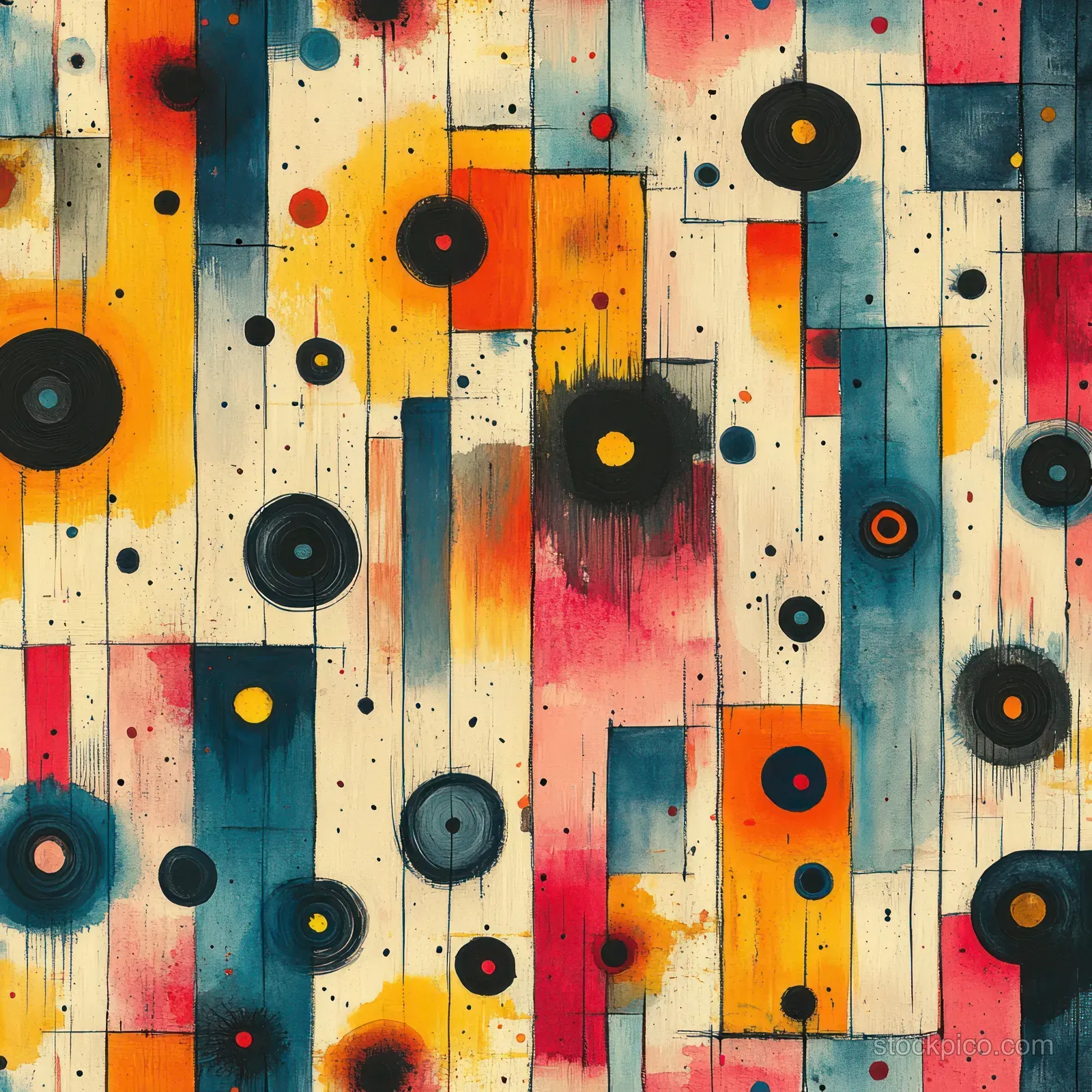 Colorful watercolor textile pattern with vertical blocks and scattered black circles and ink splatters.
