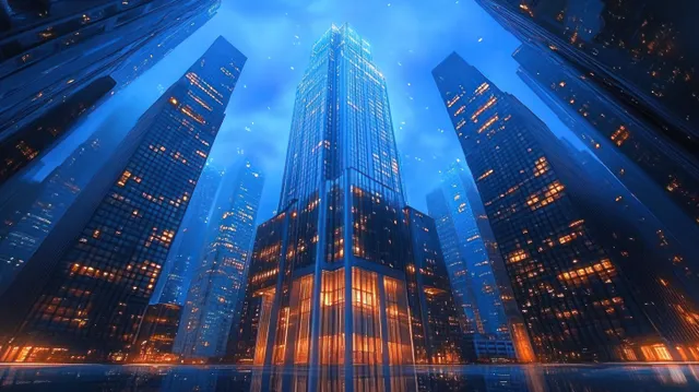 Futuristic skyscrapers glow with lit windows at night under blue haze and misty reflections on glass.