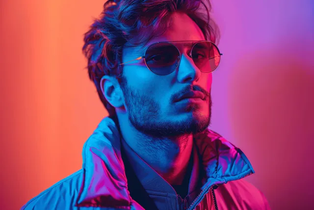 A bearded man wearing sunglasses poses in blue and pink neon lighting at night.