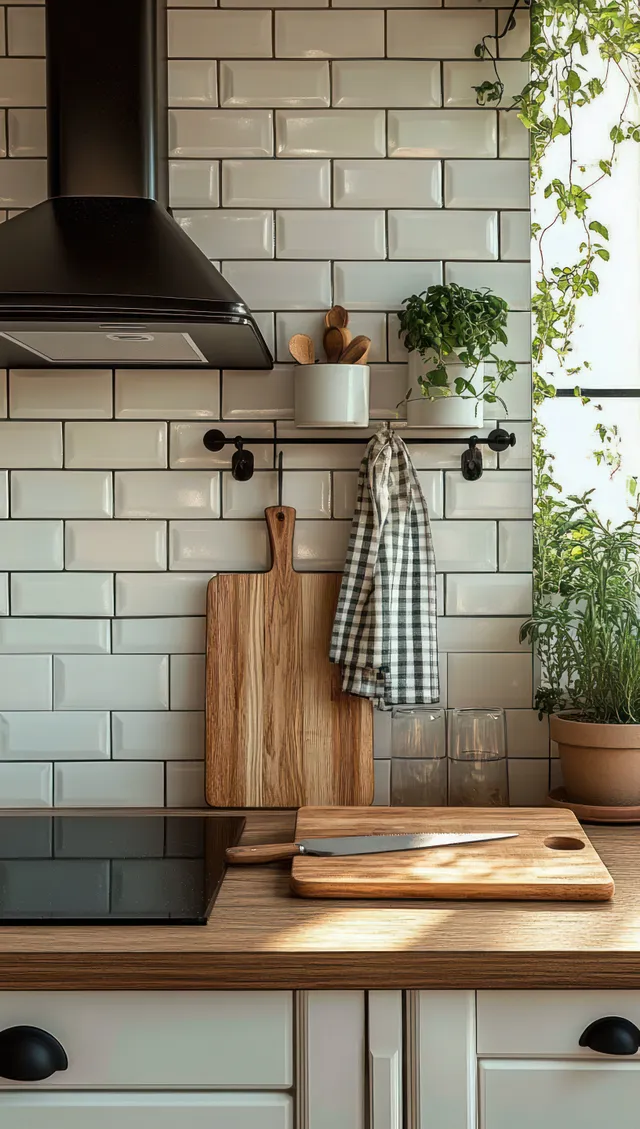 Cozy kitchen counter with white subway tile backsplash, hanging checkered towel, potted plants, and wooden cutting boards.