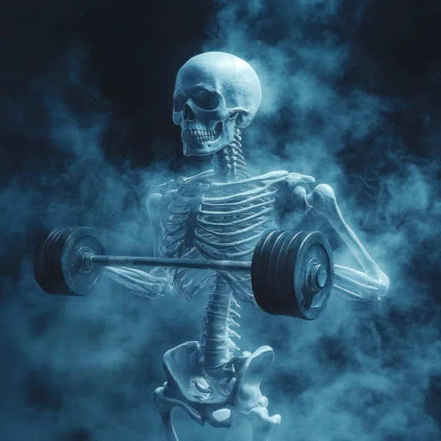 A glowing skeleton lifts dumbbells in dark blue smoke with dramatic blue lighting behind it.