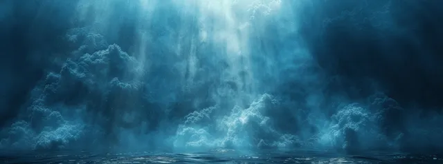 Blue misty spotlight beams over dark ocean horizon with grainy glowing atmosphere