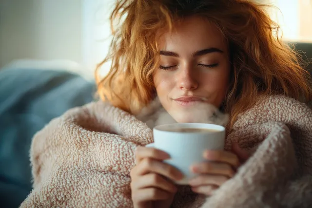 Young woman wrapped in a fuzzy blanket sipping warm tea with visible steam