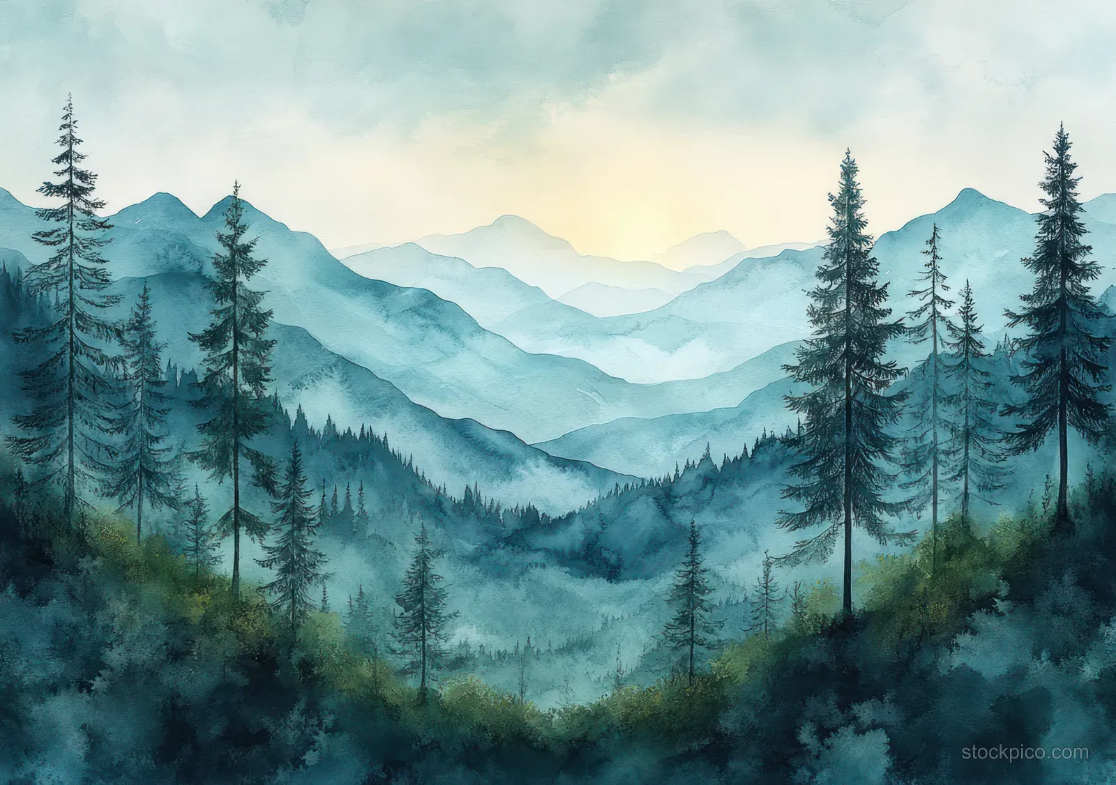 Watercolor misty mountains with tall pine trees in layered blue-green tones.