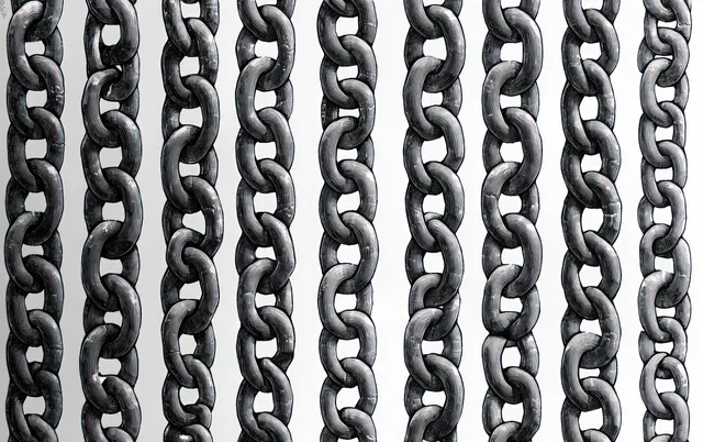 Vertical rusty metal chain links aligned in repeating rows on a clean white background.