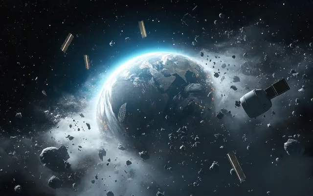 Earth in deep space surrounded by floating satellites and space debris fragments under soft blue lighting.