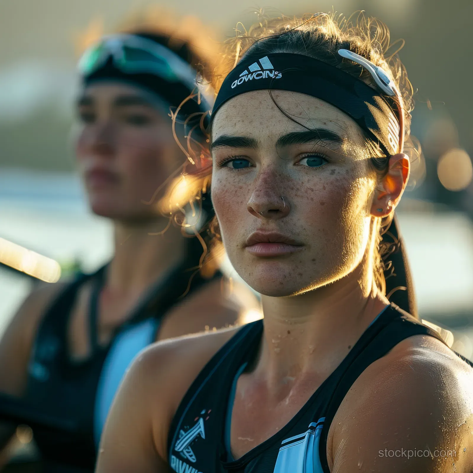 Two New Zealand rowers in double sculls concentrate with oars while training on outdoor water at golden light.