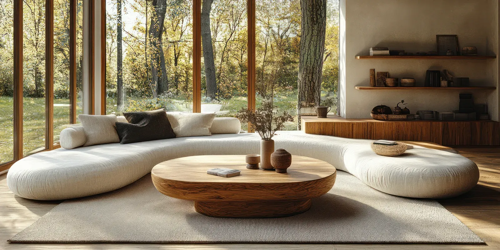 Cream sofa and rounded wooden coffee table in a Scandinavian living room, illuminated by natural light from tall forest-view windows.