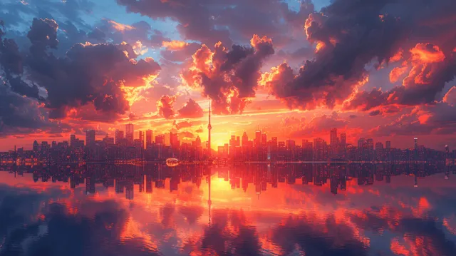 Toronto skyline at sunset with dramatic clouds and shimmering lake reflection