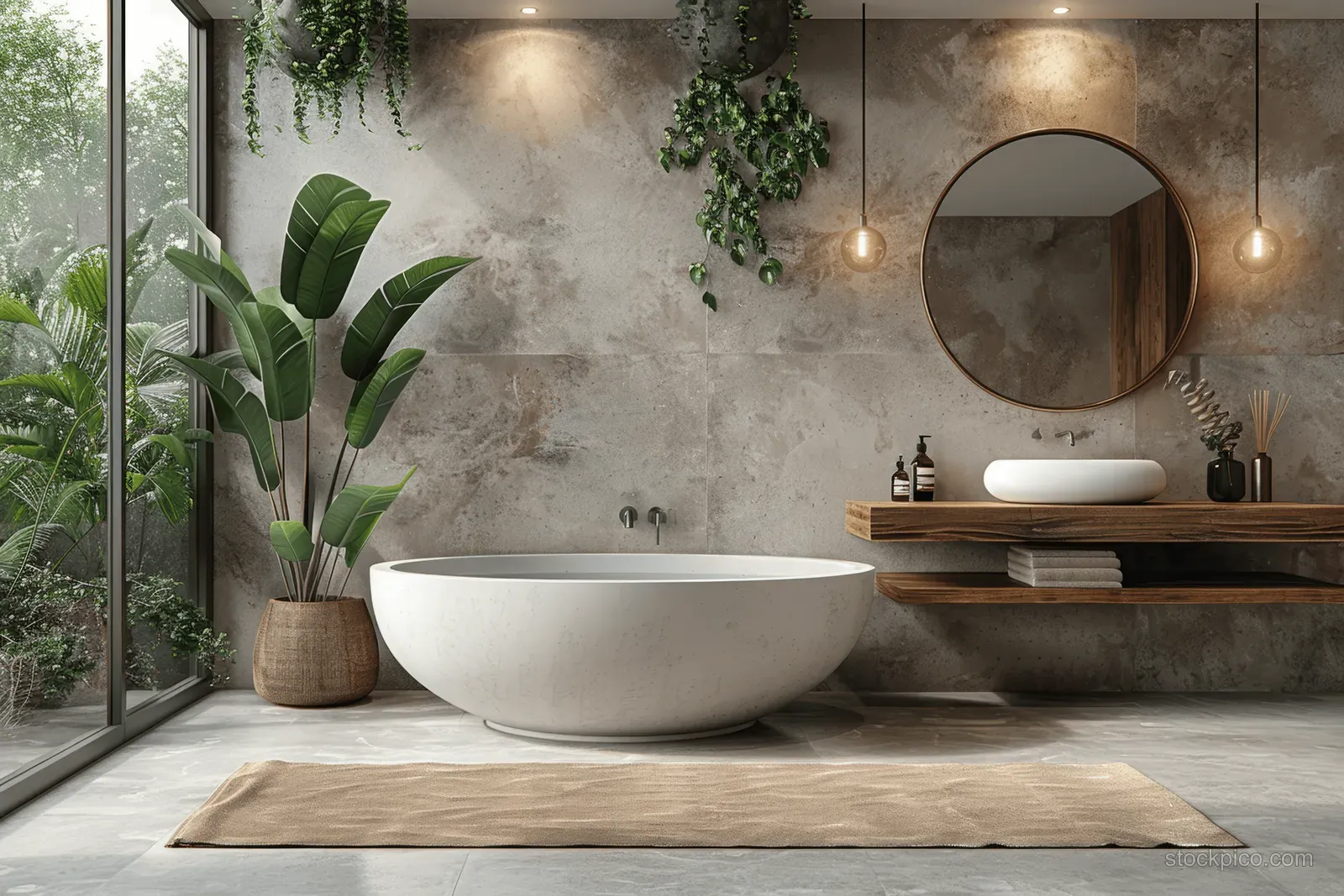 Freestanding bathtub and wooden floating vanity sit in a bright modern bathroom beside a large window and indoor plants.