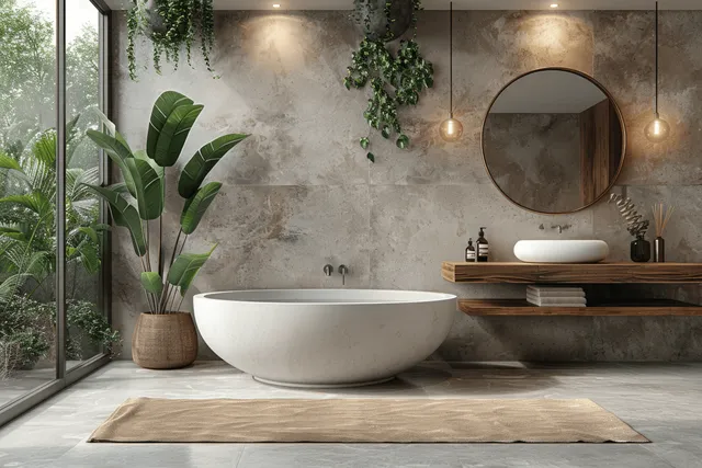 Spa-like modern bathroom with freestanding bathtub, wooden vanity, and round mirror by large window