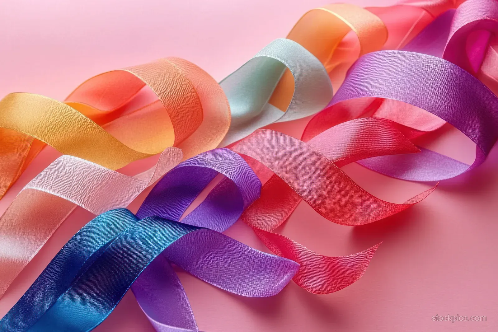 Intertwined colorful awareness ribbons lie on a soft pink background with visible fabric folds and highlights.