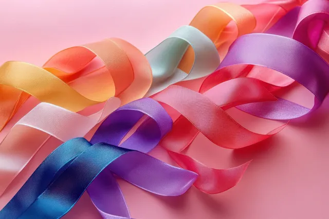 Intertwined colorful awareness ribbons lie on a soft pink background with visible fabric folds and highlights.