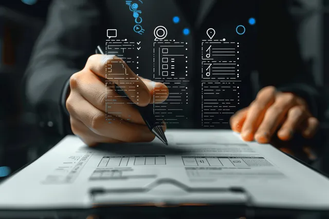 Businesswoman hand checks a quality control checklist on paper while digital approval icons float on her laptop screen.