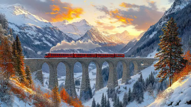 A red train crosses a stone arched bridge over a snowy mountain valley at sunset with colorful clouds.