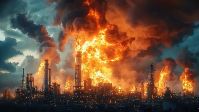 Towering flames and thick black smoke rise from an industrial refinery at night.