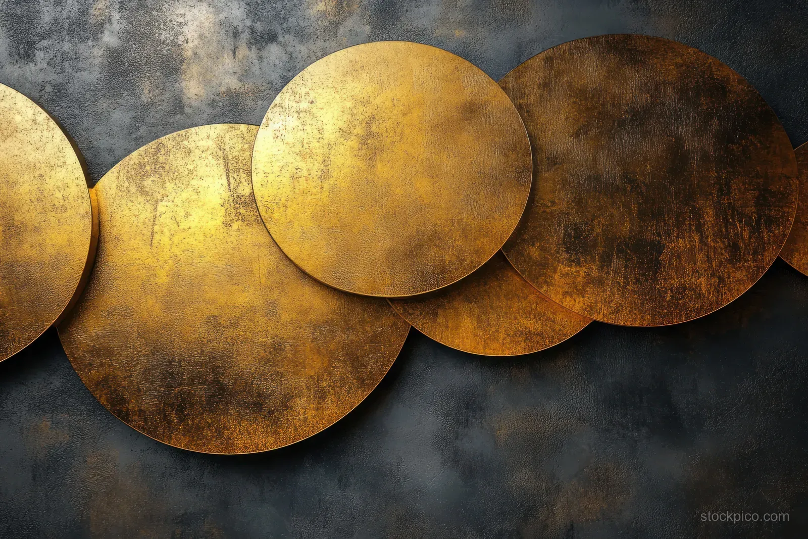Overlapping golden circles sit on a weathered dark textured background with soft highlights.