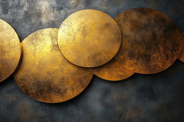 Overlapping golden circles sit on a weathered dark textured background with soft highlights.