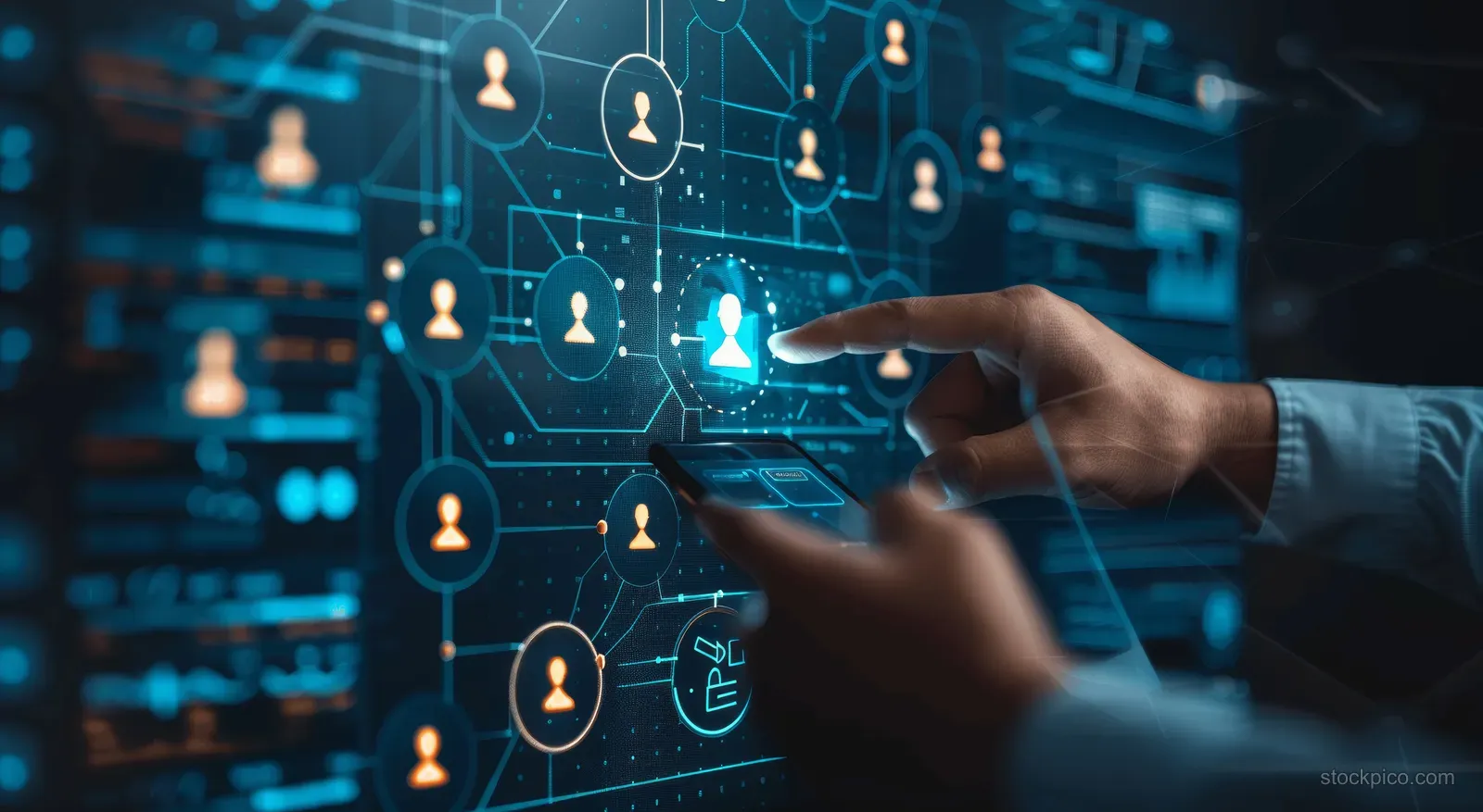 A businessman’s hand points at a virtual KYC identity verification screen with biometric icons and secure status.