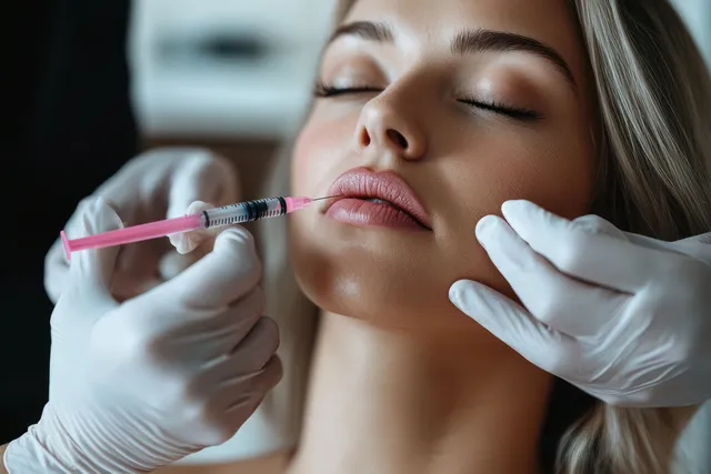 Close-up of woman getting lip injection as gloved hands prepare syringe during clinic procedure with Non Surgical Treatment
