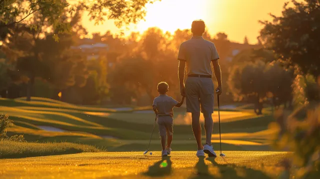 A father and son walk together on a golf fairway at sunset with golden light on the grass.