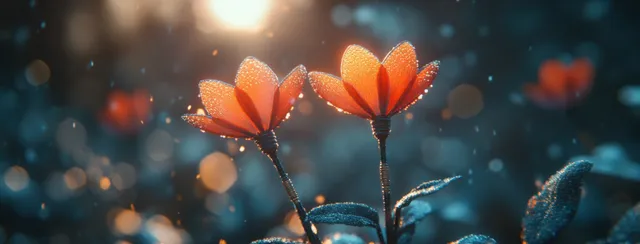 Two orange flowers with glowing bokeh highlights and a softly blurred blue background.
