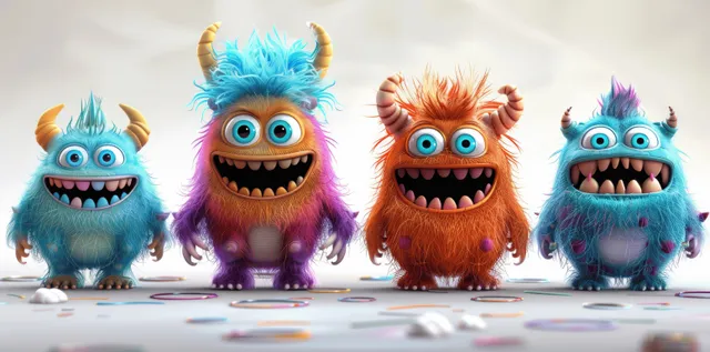 A collection of cute 3D furry monster characters with vivid colors, expressive eyes, and hyper-real textures.