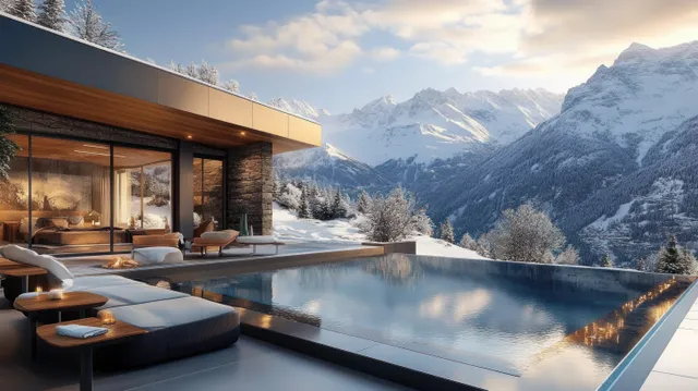 Infinity pool beside a modern mountain house with warm interior lighting, overlooking snow-covered trees and distant peaks at sunset.