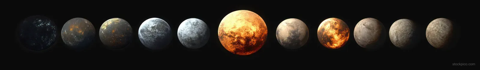 Ten rocky and icy planets with varied colors and textures arranged in a row on a black space background.